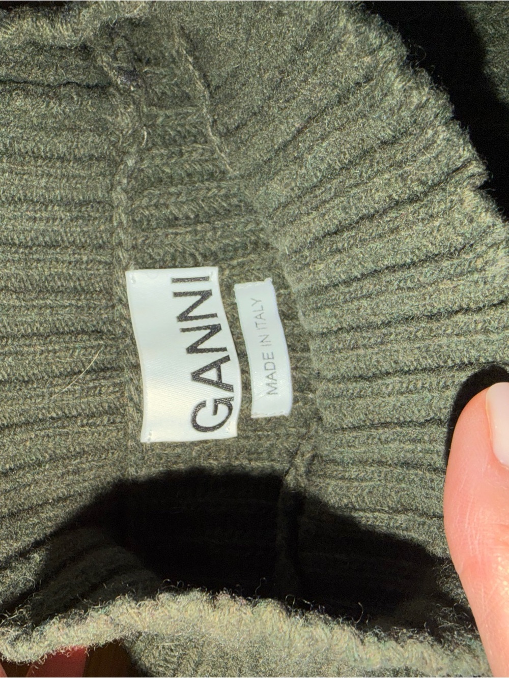 Ganni Olive Ribbed Turtleneck Sweater